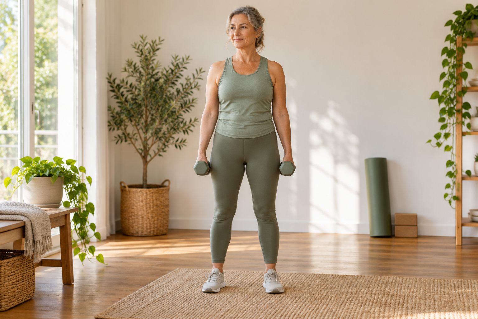 AI-generated illustration of an adult woman standing with light dumbbells in a bright home exercise space.