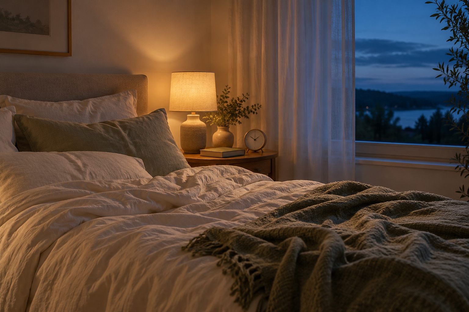 AI-generated illustration of a calm bedroom with ivory bedding, a warm bedside lamp, and dusk light through a window.